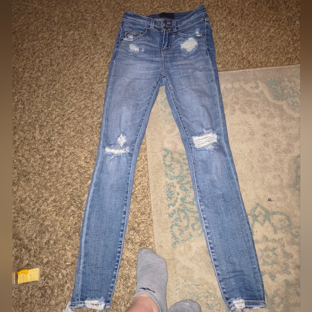 Buckle Distressed Skinny Jeans - Blue